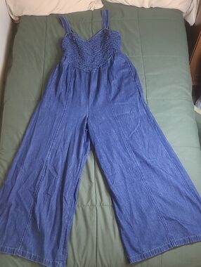 American Eagle Outfitters Blue Wide-Leg Smocked Denim Jumpsuit